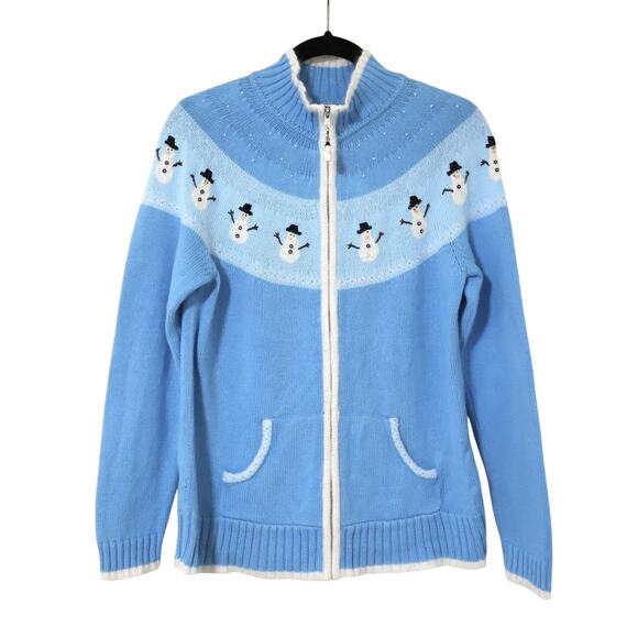 Vintage Quacker Factory Snowman Lamsbwool Blue Full Zip Sweater S Christmas - Picture 1 of 9